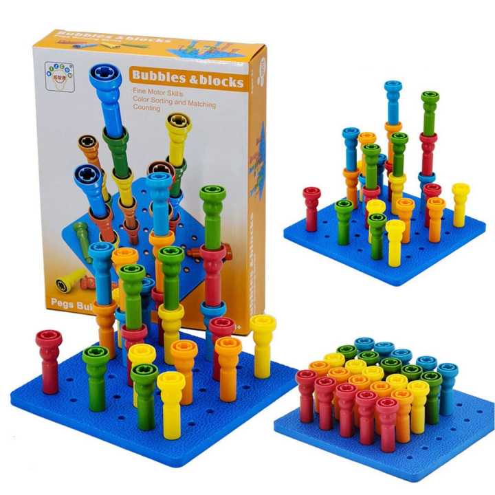 Bubbles & Blocks Stacking Peg Board Set (Pegs Building Blocks Toy)