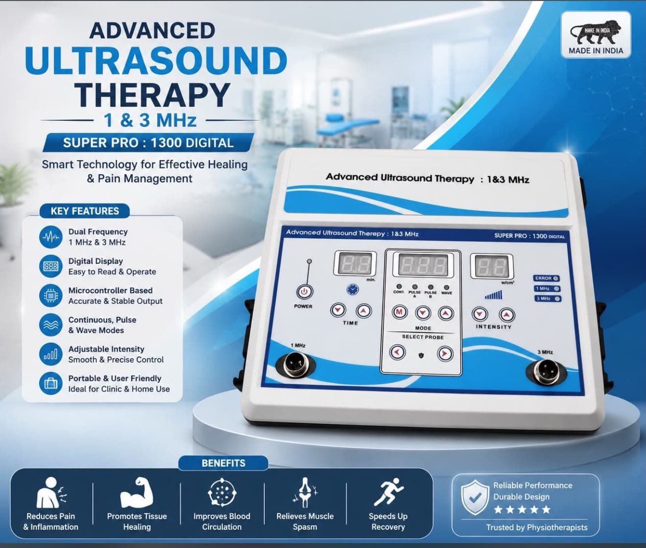 Super Pro 1300 Digital Dual Frequency (1 & 3 MHz) Ultrasound Therapy Machine for Physiotherapy in Nepal